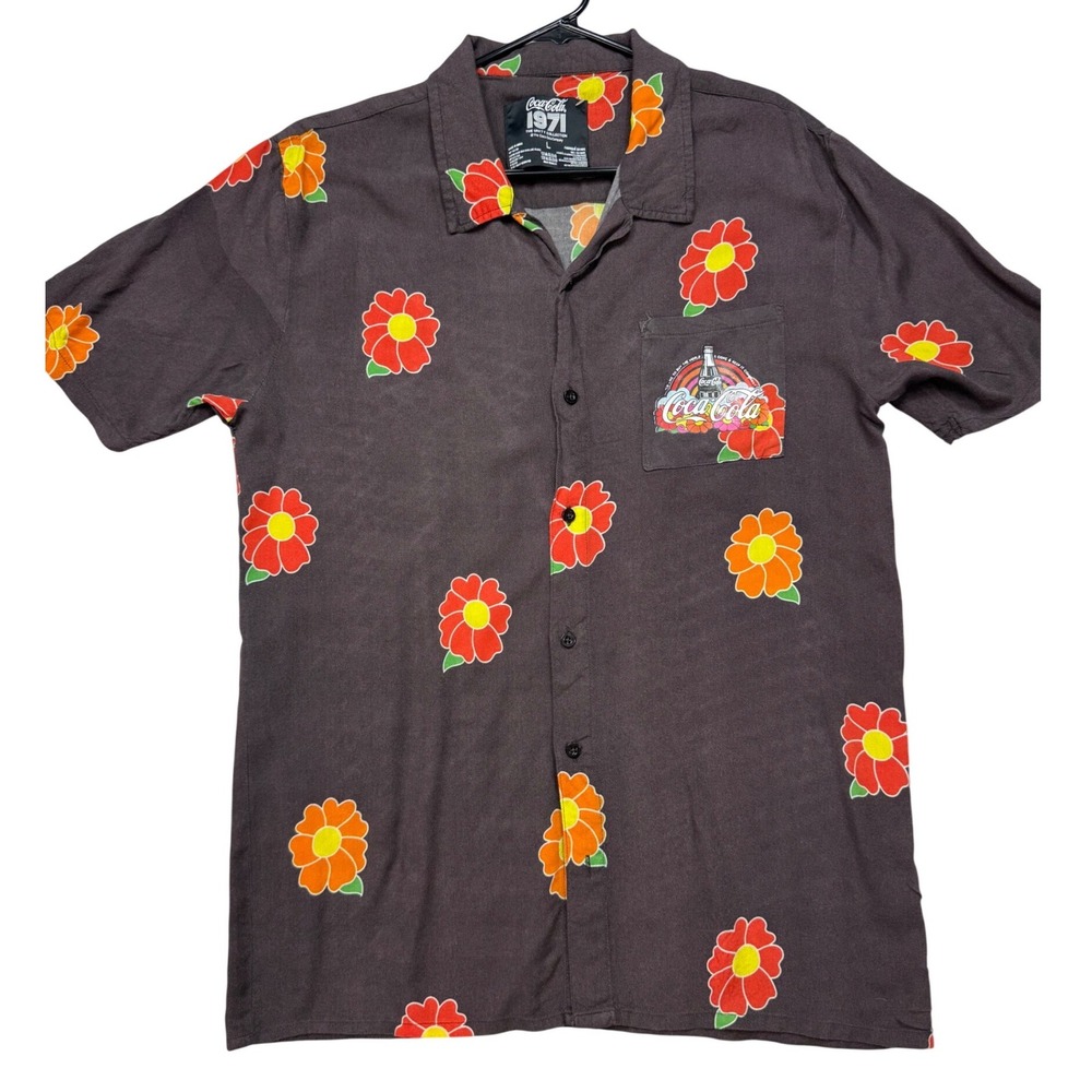 Coca-Cola Button Up Shirt Mens Large Brown Excellent 1971 Unity Floral Rayon